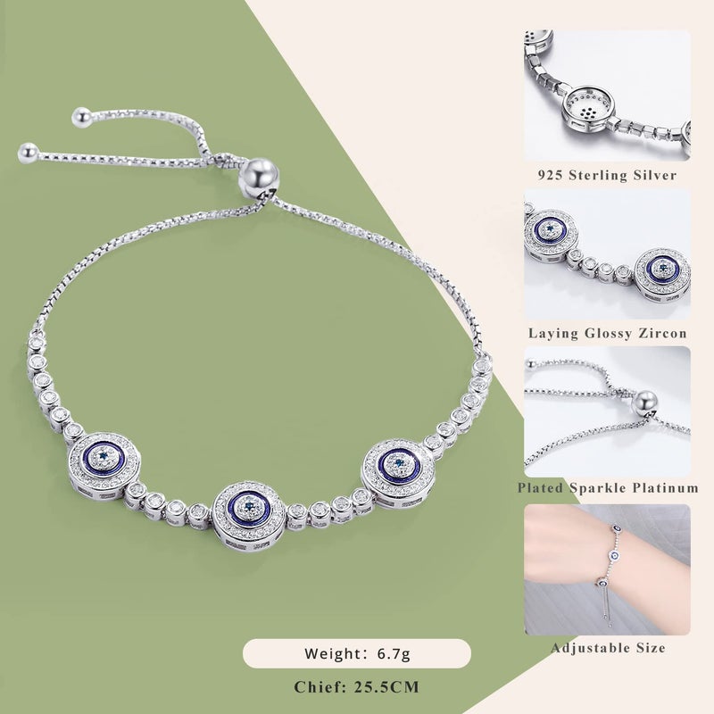 WOSTU Women Evil Eye Protection Bracelets 925 Sterling Silver White Gold Plated Adjustable Cubic Zirconia Bracelets - Image 2